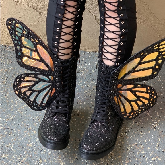 Shoes - Butterfly Boots Glitter Rave Burning Man EDC Black
